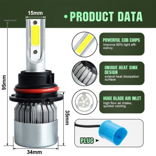 2 pièces 9007 18W 1800LM 6000K étanche IP68 phare LED automatique de voiture avec 2 lampes LED COB, DC 9-36V (lumière blanche) SH39WL1294-08