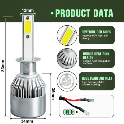 2 pièces H1 18W 1800LM 6000K étanche IP68 phare LED automatique de voiture avec 2 lampes LED COB, DC 9-36V (lumière blanche) SH40WL1608-08