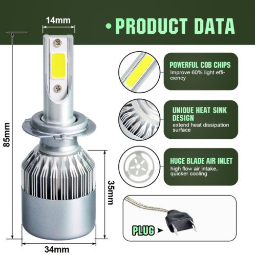 2 pièces H7 18W 1800LM 6000K étanche IP68 phare LED automatique de voiture avec 2 lampes LED COB, DC 9-36V (lumière blanche) SH43WL301-08