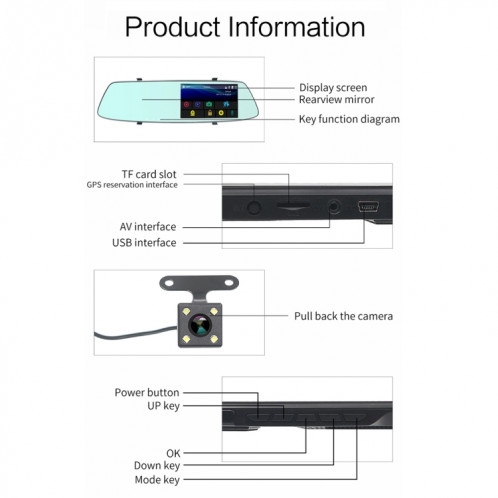 G705 5 pouces LCD tactile rétroviseur voiture enregistreur de voiture avec caméra séparée, 170 degrés de grand angle de vision, vidéo de boucle de soutien / détection de mouvement / G-Sensor / TF carte SH3320111-014