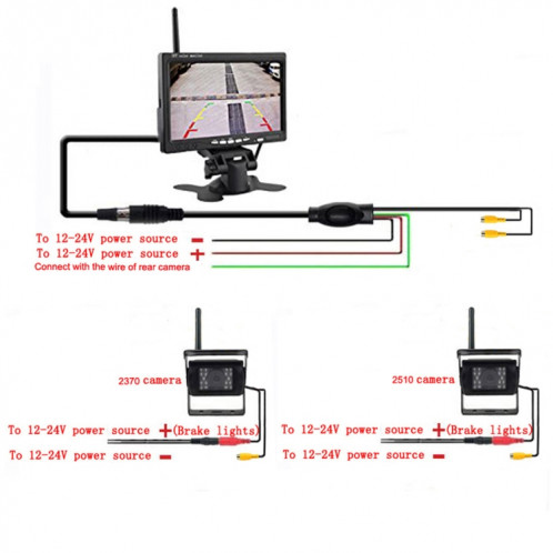 PZ-607-W-2 2 caméras de sécurité de moniteur 2.4GHz véhicule sans fil, caméra de vision arrière infrarouge de vision nocturne + moniteur de 7 pouces pour campeurs RV camion remorque SH3475119-05