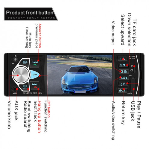 SWM-4022D HD 4.1 pouces 12V récepteur universel d'autoradio lecteur MP5, prise en charge de la carte FM et Bluetooth et TF avec télécommande SH36861804-019