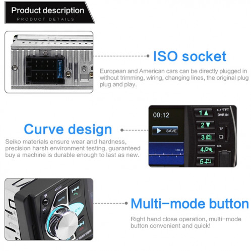 SWM-4022D HD 4.1 pouces 12V récepteur universel d'autoradio lecteur MP5, prise en charge de la carte FM et Bluetooth et TF avec télécommande SH36861804-019