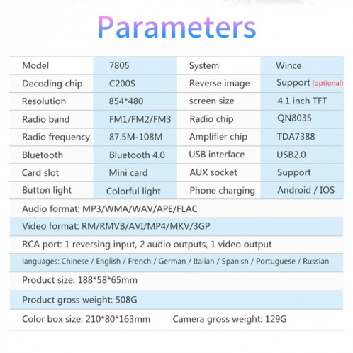 7805 4,1 pouces récepteur universel d'autoradio lecteur MP5, prise en charge de la carte FM et Bluetooth et TF avec télécommande SH3705198-017
