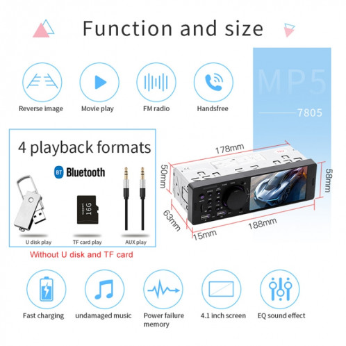 7805 4,1 pouces récepteur universel d'autoradio lecteur MP5, prise en charge de la carte FM et Bluetooth et TF avec télécommande SH3705198-017