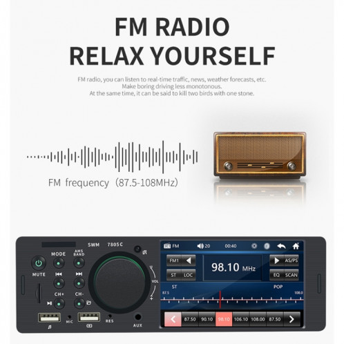 SWM-7805C 4.1 pouces écran tactile récepteur universel d'autoradio lecteur MP5, prise en charge de la carte FM et Bluetooth et TF avec télécommande SH3706425-022