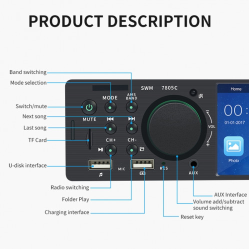 SWM-7805C 4.1 pouces écran tactile récepteur universel d'autoradio lecteur MP5, prise en charge de la carte FM et Bluetooth et TF avec télécommande SH3706425-022