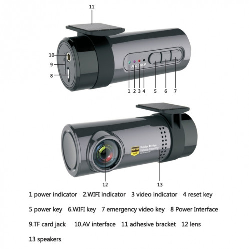 Mini Voiture Dash Caméra WiFi Moniteur Full HD Enregistreur Dashcam Enregistreur Vidéo Caméscope Détection de Mouvement, Soutien TF Carte et Android et IOS SH45731312-013