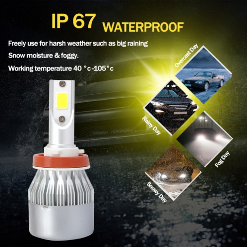 2 PCS H8 / H9 / H11 18W 1800 LM 3000K IP68 Casnbus phare de voiture à courant constant LED avec 2 lampes COB, DC 9-36V (lumière dorée) SH05JL990-011