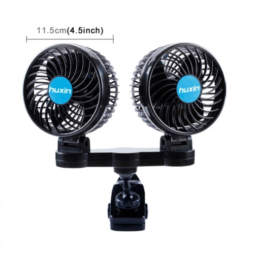 HUXIN HX-T605E 7W Clip de rotation réglable à 360 degrés Mini ventilateur de voiture électrique à deux têtes à faible bruit avec commutateur à rouleau, DC12V SH8847379-06