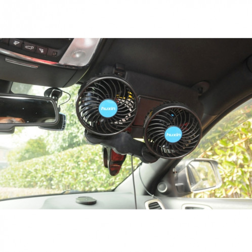 HUXIN HX-T605E 7W Clip de rotation réglable à 360 degrés Mini ventilateur de voiture électrique à deux têtes à faible bruit avec commutateur à rouleau, DC12V SH8847379-06