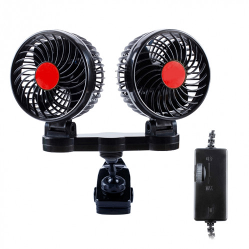 HUXIN HX-T606E 12 W 360 Degrés Clip de Rotation Réglable Deux Têtes À Faible Bruit Mini Ventilateur De Voiture Électrique avec Interrupteur à Rouleau, DC24V SH8850621-06