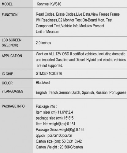 KONNWEI KW310 OBD lecteur de code de détecteur de défaut de voiture ELM327 OBD2 Scanner outil de diagnostic (noir) SK094B491-017