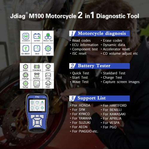 JDIAG M100 Motorcycles 2 Testeur de batterie de scanner OBD in1, version simplifiée SH1302476-07