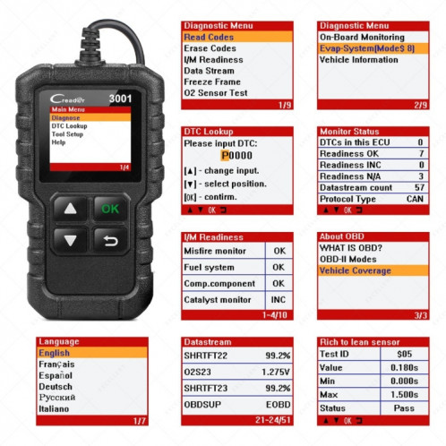 Lancez l'outil de Diagnostic de détecteur de défaut OBD2 de lecteur de Code d'écran de couleur de voiture de Creader CR3001 SH2118296-012