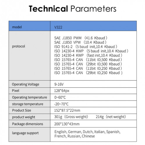 V322 ABD OBD Dispositif de diagnostic de panne de code multilingue SH45851228-08