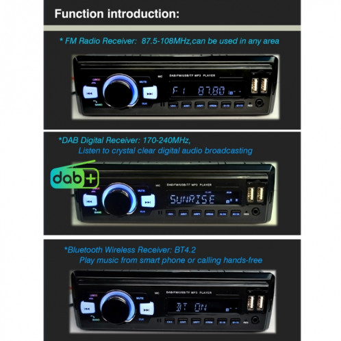 Récepteur FM de système stéréo de lecteur Radio DAB de voiture 1 Din, prise en charge du disque Bluetooth et U et carte MP3 et TF SH47001425-09