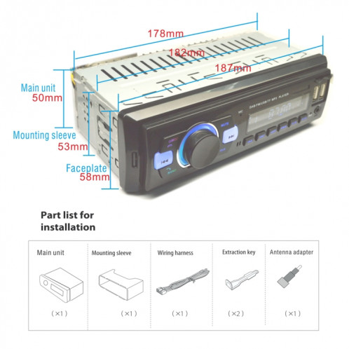 Récepteur FM de système stéréo de lecteur Radio DAB de voiture 1 Din, prise en charge du disque Bluetooth et U et carte MP3 et TF SH47001425-09