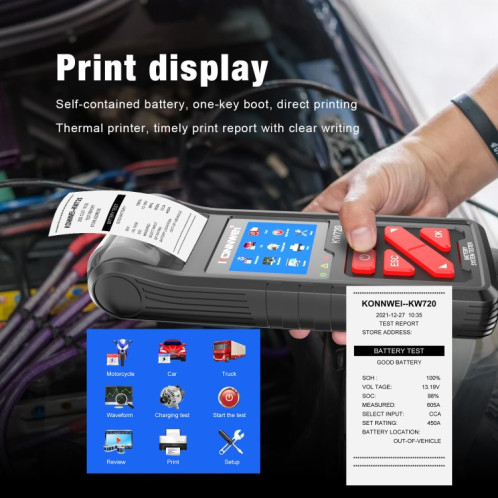 Konnwei KW720 Car 3,2 pouces Tester de batterie en plomb 6V-24V avec imprimante SK57131104-09