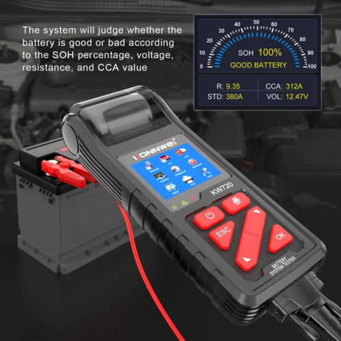 Konnwei KW720 Car 3,2 pouces Tester de batterie en plomb 6V-24V avec imprimante SK57131104-09
