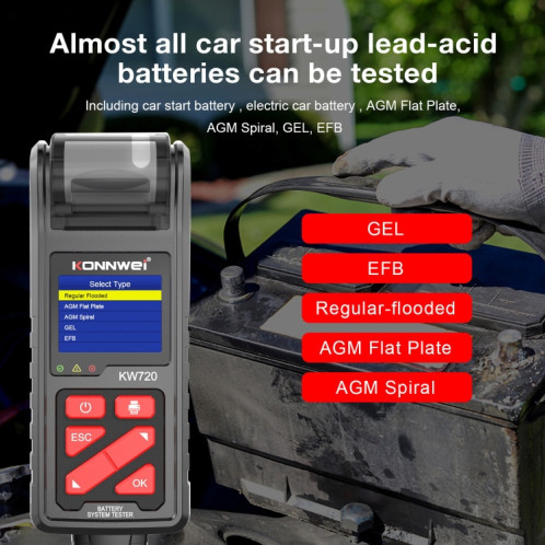 Konnwei KW720 Car 3,2 pouces Tester de batterie en plomb 6V-24V avec imprimante SK57131104-09