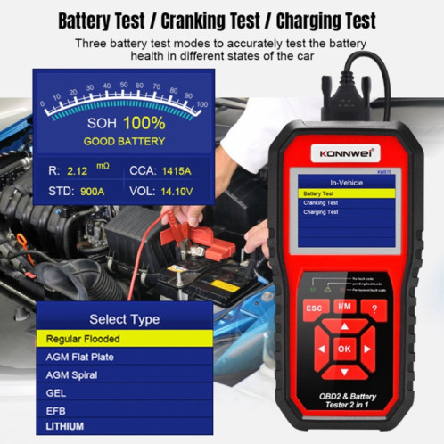 Konnwei KW870 2 en 1 voiture OBD2 Diagnostic de défaut + testeur de batterie SK5714643-09