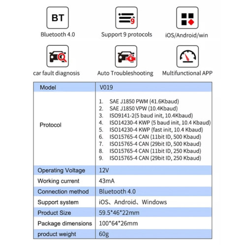 V019 OBD2 Scanner Bluetooth 4.0 ELM327 Outil de diagnostic de voiture SH58861061-07