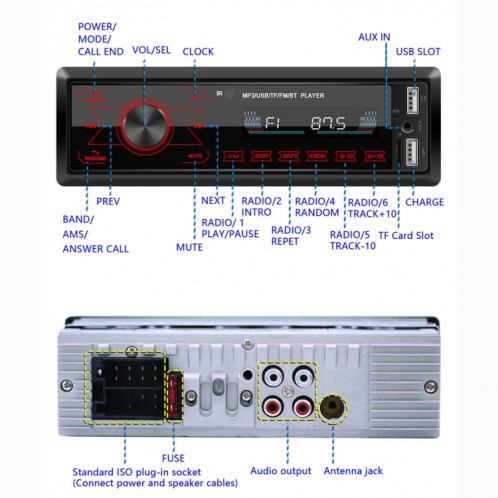 Lecteur MP3 de récepteur d'autoradio M10 12V, prise en charge des appels mains libres Bluetooth / carte FM / USB / SD SH60651963-015