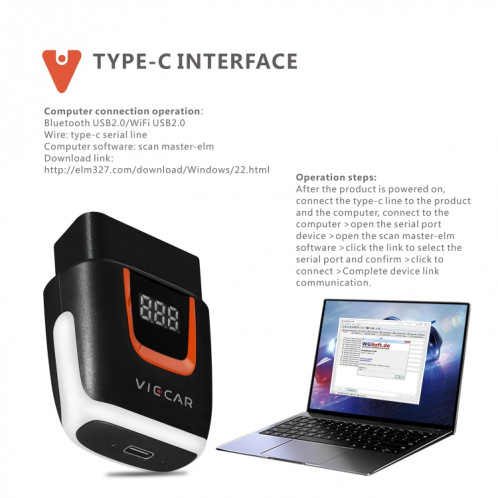 Viecar VP004 voiture Mini OBD + USB / Type-C Interface détecteur de défaut V1.5 WiFi outil de Diagnostic SH98251086-011