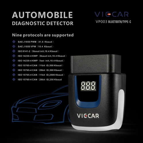 Viecar VP003 voiture Mini OBD + USB / Type-C Interface détecteur de défaut V2.2 outil de Diagnostic Bluetooth SH98261868-011