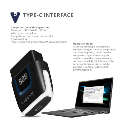 Viecar VP003 voiture Mini OBD + USB / Type-C Interface détecteur de défaut V2.2 outil de Diagnostic Bluetooth SH98261868-011
