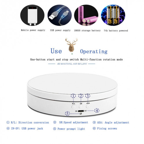 13.8 cm USB charge Smart 360 degrés rotatif plateau d'affichage présentoir vidéo accessoires de prise de vue plateau tournant pour la photographie, charge 3 kg (blanc) SH942W78-014
