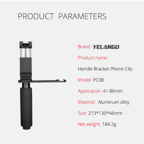 YELANGU PC08 YLG0117A Support de support de poignée avec pince métallique pour téléphone portable (noir) SY044B1785-016