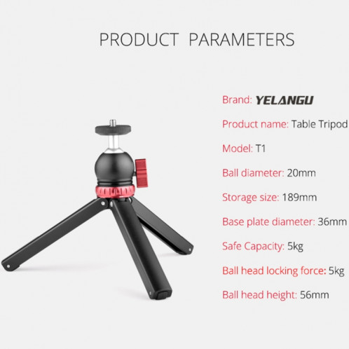 YELANGU T1 YLG1202A Mini support de trépied de bureau en métal de poche avec rotule à 360 degrés pour reflex numérique et appareils photo numériques (noir) SY046B1041-016