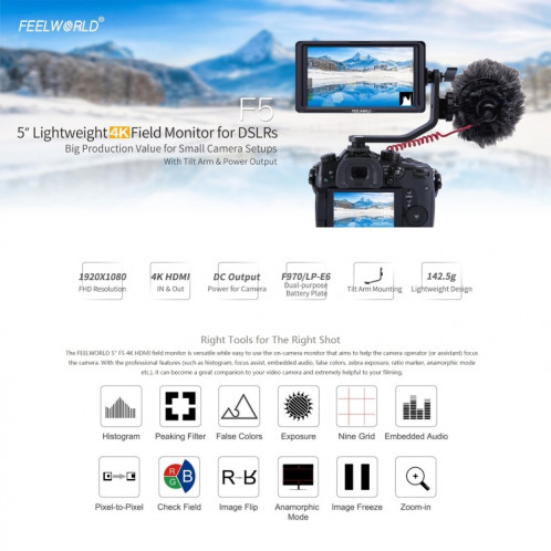 FEELWORLD F6S Full HD 1920x1080 Moniteur de champ de caméra DSLR à écran IPS de 5,0 pouces avec bras inclinable, prise en charge de l'entrée / sortie 4K HDTV SF1093783-016