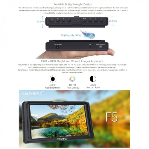 FEELWORLD F6S Full HD 1920x1080 Moniteur de champ de caméra DSLR à écran IPS de 5,0 pouces avec bras inclinable, prise en charge de l'entrée / sortie 4K HDTV SF1093783-016