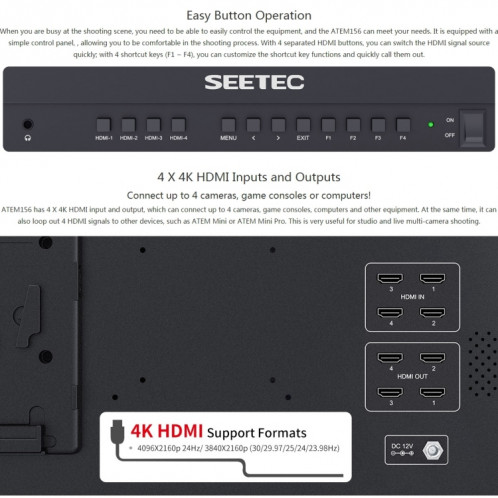 SEETEC ATEM156 1920x1080 15,6 pouces écran IPS HDMI 4K HD moniteur de terrain de caméra de diffusion en direct, prise en charge de la division de quatre écrans SS11241026-015