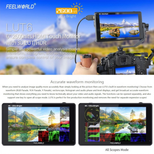 FEELWORLD LUT6 1920x1080 2600 nits 6 pouces écran IPS HDMI 4K contrôle tactile caméra moniteur de terrain SF11301938-020