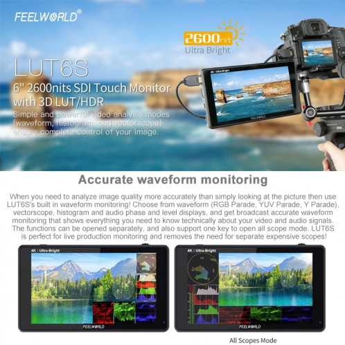 FEELWORLD LUT6S 1920x1080 2600 nits 6 pouces écran IPS HDMI 4K écran tactile SDI HDI caméra moniteur de terrain SF1131768-025