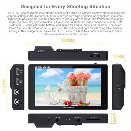 FEELWORLD LUT6S 1920x1080 2600 nits 6 pouces écran IPS HDMI 4K écran tactile SDI HDI caméra moniteur de terrain SF1131768-025
