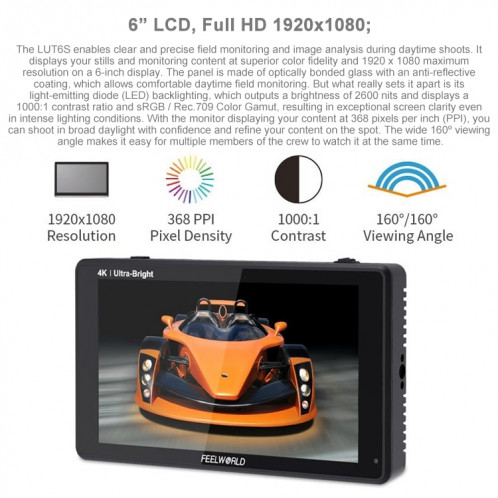 FEELWORLD LUT6S 1920x1080 2600 nits 6 pouces écran IPS HDMI 4K écran tactile SDI HDI caméra moniteur de terrain SF1131768-025