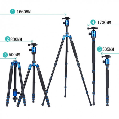 TRIOPO Oubao A-688 Trépied en alliage d'aluminium portable réglable avec tête sphérique pour appareil photo reflex ST11501159-015