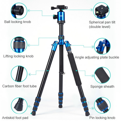 TRIOPO Oubao A-688 Trépied en alliage d'aluminium portable réglable avec tête sphérique pour appareil photo reflex ST11501159-015