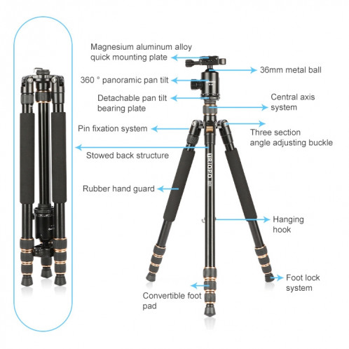 Triopo 554 Trépied en alliage d'aluminium portable réglable avec tête de boule D-2A pour la caméra SLR ST11551122-016