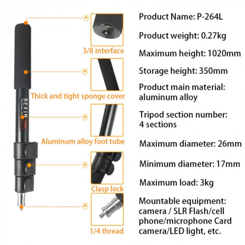 BEXIN P-264L appareil photo de photographie extérieure portable en alliage d'aluminium support de lampe à main monopode (noir) SB202B1675-08