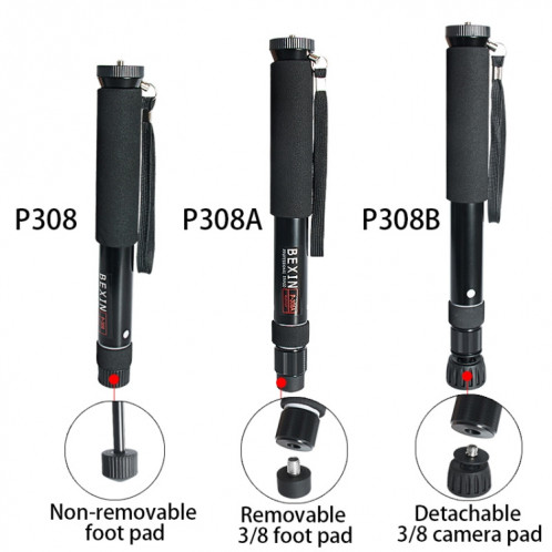 BEXIN P308 Support de monopode en alliage d'aluminium pour appareil photo reflex numérique portable de voyage extérieur (noir) SB208B1094-09