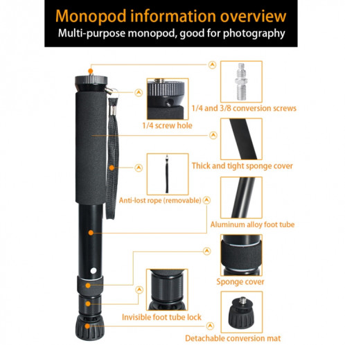 BEXIN P308B Support de monopode en alliage d'aluminium pour appareil photo reflex numérique portable de voyage extérieur (noir) SB210B1811-012