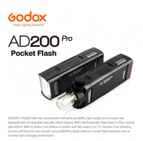 Godox AD200 Pro Pocket Flash Flash Light TTL HSS 2.4G Système X Sans fil X Speedflight Flash Extérieur (Fiche UE) SG68EU613-06