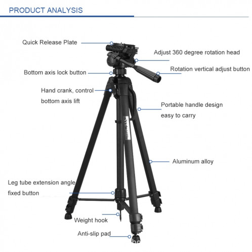 Weifeng WT-3560 Jambes pliantes à 3 sections en Alliage d'aluminium en aluminium en aluminium (noir) SH378B85-08