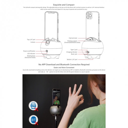 Lauzeke LA8 Smart Robot Cameraman 360 degrés Support de téléphone de suivi automatique (gris) SH468H593-010